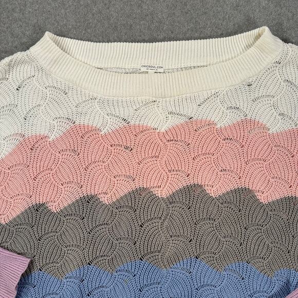 Chicsoul Scallop Edge Colorblock Open Knit Sweater Women's 1X Wide Neck Slouchy - Picture 4 of 9